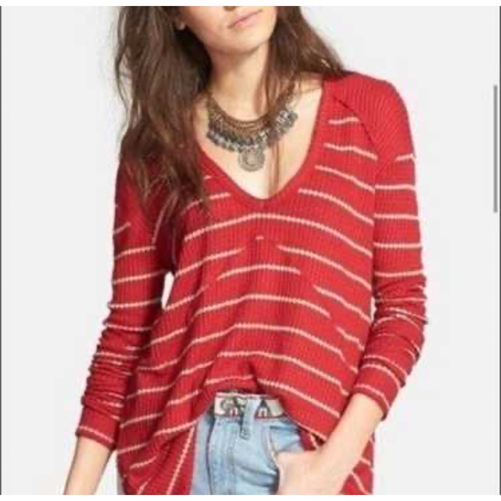 Free People Crimson Striped Thermal Long Sleeve V Neck Casual Top Size Small